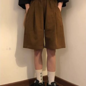 Japanese Retro Coffee Color Work Shorts for Men & Women - Summer Loose Casual Straight Wide-Leg Five-Point Pants