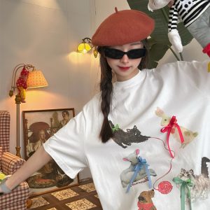 Japanese Retro Cute Cat Print Short Sleeve T-Shirt for Women, Bow Detail, Loose Fit, Y2K Style, Casual Summer Top