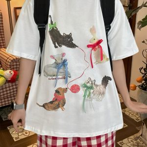 Japanese Retro Cute Cat Print Short Sleeve T-Shirt for Women with Bow and Round Neck - Fun Y2K Style Loose Fit Top