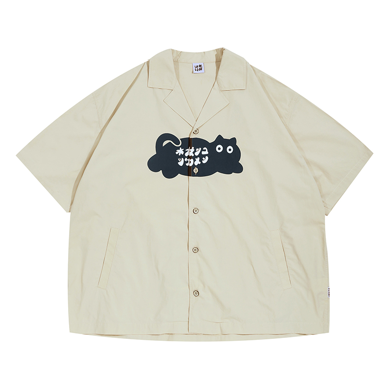 Japanese Retro Men's Short Sleeve "Logo Cat" Printed Work Shirt - Vintage Inspired Fashion, Casual Style, Y2K Aesthetic