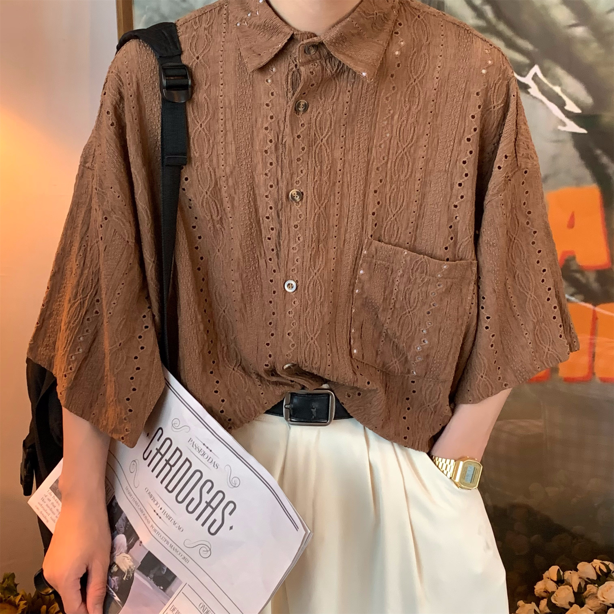 Japanese Retro Minimalist Hollow Short Sleeve Shirt - Summer Light Luxury Unisex Top for a Niche 90s Aesthetic