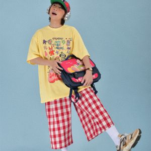 Japanese Retro Plaid Loose Casual Unisex Summer Wide-Leg Three-Quarter Pants - Versatile 90s Inspired Fashion