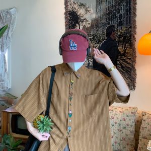 Japanese Retro Vertical Striped Short Sleeve Shirt, Handmade Vintage Embroidered Summer Couple Top, Y2K Niche Design