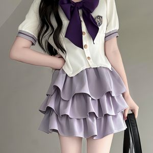 Japanese Sailor Suit Women's Summer Outfit - Pudding Bear Inspired JK Uniform with Waist-Defined Short Sleeve & Purple Cake Skirt