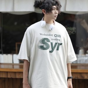 Japanese-Style Letter Print Heavyweight Round Neck Short Sleeve T-Shirt for Men - Loose Versatile Summer Tee