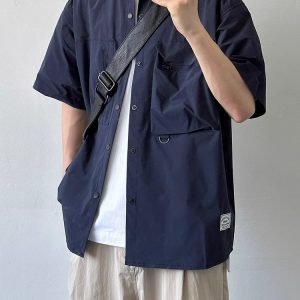 Japanese-Style Multi-Pocket Short Sleeve Shirt for Men and Women - Retro Loose Fit Casual Summer Workwear