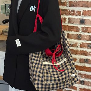 Japanese-Style Retro Double-Sided Color-Block Canvas Tote Bag - Large Capacity Commuter Shoulder Crossbody Bag for Students