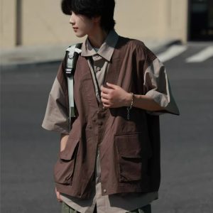 Japanese-Style Retro Patchwork Fake Two-Piece Color-Block Short Sleeve Shirt for Men and Women, Summer Casual Trend