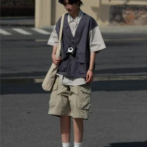 Japanese-Style Retro Patchwork Fake Two-Piece Color-Block Short Sleeve Shirt for Men and Women, Summer Casual Trend
