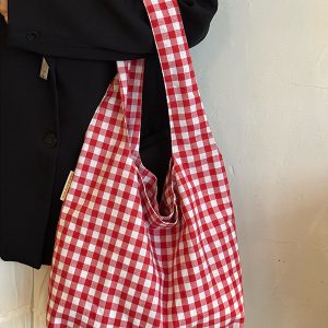 Japanese-Style Retro Red Checkered Canvas Tote Bag for Women, 2025 Commuter Shoulder Bag, Y2K Lazy Style Student Purse