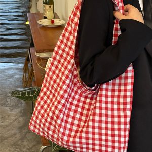 Japanese-Style Retro Red Checkered Canvas Tote Bag for Women, 2025 Commuter Shoulder Bag, Y2K Lazy Style Student Purse