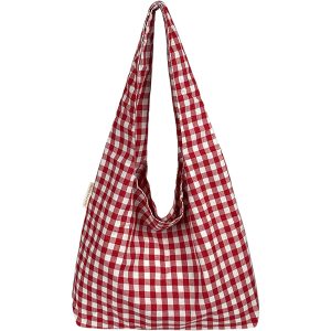 Japanese-Style Retro Red Checkered Canvas Tote Bag for Women, 2025 Commuter Shoulder Bag, Y2K Lazy Style Student Purse