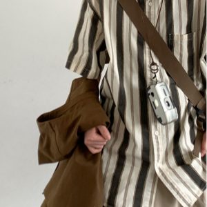 Japanese-Style Retro Vertical Striped Short Sleeve Shirt - Vintage Loose Casual Couple Top for Summer Trend