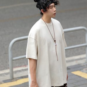 Japanese-Style Small Collar Short-Sleeve T-Shirt for Men - Casual Retro Tee with Hole Design, Loose Fit for Y2K and 90s Vibes