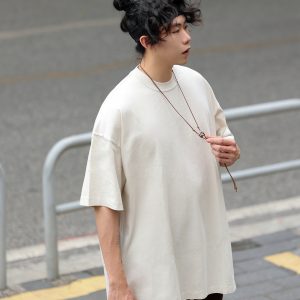 Japanese-Style Small Collar Short-Sleeve T-Shirt for Men - Casual Retro Tee with Hole Design, Loose Fit for Y2K and 90s Vibes