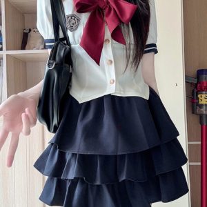 JK Uniform Set for Women - College Style Long & Short Sleeve Shirt with Waist-Cinching Design & Cake Skirt, Sailor Suit Inspired