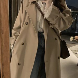 Khaki Mid-Length Trench Coat for Women - 2024 Spring Autumn Korean Style, British Design, Perfect for Petite Figures