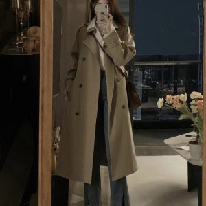 Khaki Mid-Length Trench Coat for Women - 2024 Spring Autumn Korean Style, British Design, Perfect for Petite Figures