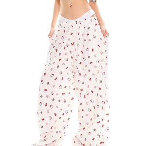 Kitty Cat Print Casual Pants for Women - Floor-Length Loose Straight Wide-Leg Trousers in American Style