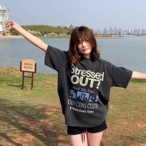 Korean Retro Graphic T-Shirt - Casual Unisex Short Sleeve with American Slogan, Washed Pure Cotton, Versatile 90s Style