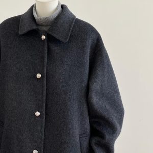 Korean Style Black Double-Sided Cashmere Coat for Women, Chic Woolen Outerwear for Autumn Winter 2024, Perfect for Petite Sizes