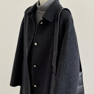 Korean Style Black Double-Sided Cashmere Coat for Women, Chic Woolen Outerwear for Autumn Winter 2024, Perfect for Petite Sizes