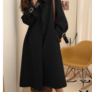 Korean Style Black Double-Sided Cashmere Coat for Women, Chic Woolen Outerwear for Autumn Winter 2024, Perfect for Petite Sizes