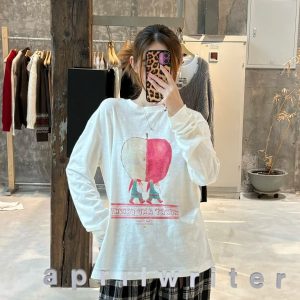 Korean Style Cartoon Print Loose Round Neck Long Sleeve T-Shirt in Soft Bamboo Cotton - Casual & Comfortable Fashion Essential