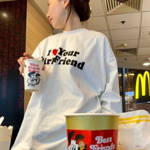 Korean Style Casual Loose Fit Color-Blocking Top with Youthful Dog Cartoon Print - Pure Cotton Comfort