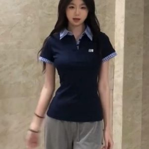 Korean Style Embroidered Polo Collar Short Sleeve T-Shirt for Women, Slim Fit Spliced Two-Piece Summer College Look