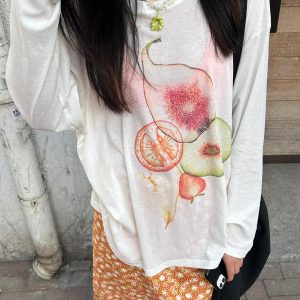 Korean Style Minimalist Fruit Slice Print Long Sleeve Sun Protection T-Shirt for Women - Lightweight Cotton Cover-Up