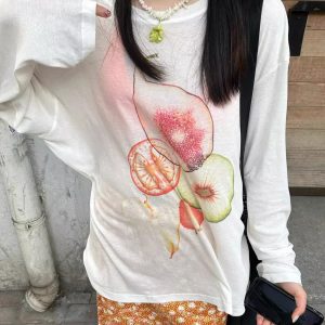 Korean Style Minimalist Fruit Slice Print Long Sleeve Sun Protection T-Shirt for Women - Lightweight Cotton Cover-Up