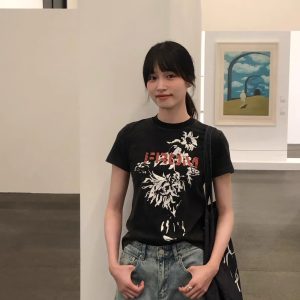 Korean Style Retro Floral Print Black Washed Slim Fit Cotton Short Sleeve T-Shirt for Women