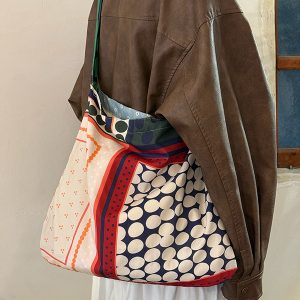 Korean-Style Retro Patchwork Polka Dot Canvas Tote Bag for Women, Large-Capacity Ethnic Shoulder Crossbody Bag