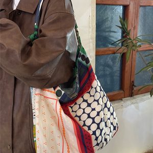 Korean-Style Retro Patchwork Polka Dot Canvas Tote Bag for Women, Large-Capacity Ethnic Shoulder Crossbody Bag