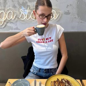 Korean Style Slim-Fit High-Stretch Cotton Short Sleeve T-Shirt for Women - Basic Sports Letter Design