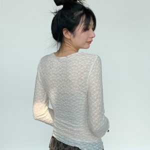 Lace Mesh Long Sleeve Versatile Layering Tee - Trendy Base Shirt for 90s and Y2K Fashion Styles