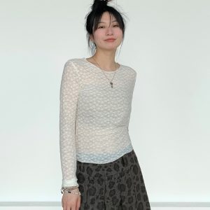 Lace Mesh Long Sleeve Versatile Layering Tee - Trendy Base Shirt for 90s and Y2K Fashion Styles