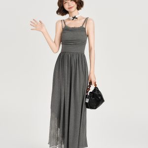 Lace-Trimmed Spicy Girl Camisole Dress for Women - Pleated Splicing, Slim-Fit, Mid-Length Summer Fashion in American Style