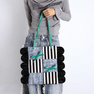 Large Capacity Color-Block Floral Shoulder Bag with Bow - 2024 Autumn/Winter Trendy Tote for Chic Style