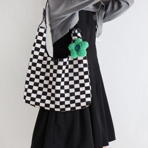 Large Capacity Flower Checkerboard Tote Bag for Women - Versatile Shoulder Bag for Class, Commuting, and Spring Outings
