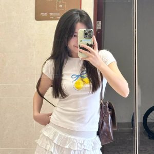 Lemon Bow Tie Printed Short Sleeve Slim Fit Cotton T-Shirt - 25SS South Korea Ins Niche Age-Reducing High-Stretch Y2K Style