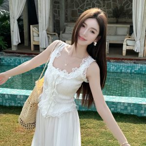 Light Fabric Summer Lace Trim Spliced Inner Knitted Vest Shirt for Women - Sweet & Spicy Style