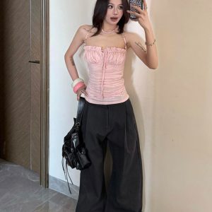 Light Pink Beaded Shoulder Strap Camisole for Women, Summer Lace Splicing Fitted Sexy Top, Y2K Style Outerwear