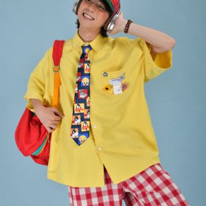 Light Yellow Vintage Short Sleeve Shirt for Women - Summer Loose Korean Style Top, Popular Half Sleeve Fashion for Students