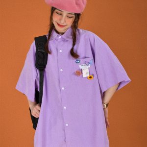 Light Yellow Vintage Short Sleeve Shirt for Women - Summer Loose Korean Style Top, Popular Half Sleeve Fashion for Students
