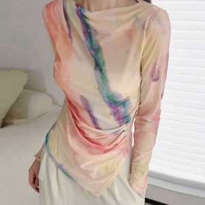 Lightweight Gradient Mesh Top with Long Sleeves, Draped Neckline, Loose Fit, Pullover Style, Elastic Irregular Pleats for a Chic Look