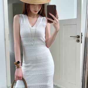 Lightweight High-Waisted V-Neck Hollow Knit Dress for Women - Slim Fit Long Skirt Perfect for Spring and Summer Style