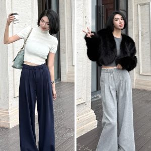 Lightweight High-Waisted Wide-Leg Pants with Pleats and White Edges - Casual Gray Floor-Length Trousers for Women