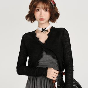 Lightweight Knitted Cardigan for Women - American Retro Lace Trim Summer Shawl Outerwear in Girly Style